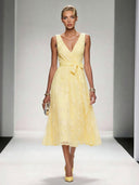 Elegant V-Neck Lace Embroidered Tie-Front Midi Dress