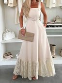 Elegant Square Neck Tie-Up Lace Maxi Dress