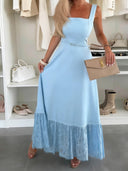 Elegant Square Neck Tie-Up Lace Maxi Dress