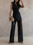 Elegant Sleeveless Blazer Top & Floral Lace Wide-Leg Pants Two-Piece Set