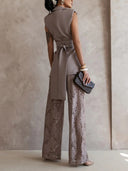 Elegant Sleeveless Blazer Top & Floral Lace Wide-Leg Pants Two-Piece Set