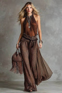 Halter-Neck Top And Leopard-Printed Wide-Leg Pants Set