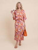 Exquisite Floral Print Satin Batwing Sleeve Shirt
