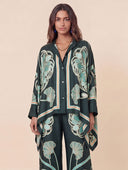 Elegant Abstract Print Satin Cape Sleeve Shirt