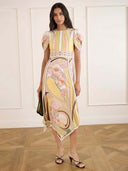 Elegant Vintage Floral Print Puff Sleeve Asymmetric Hem Midi Dress