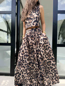 Bohemian Leopard Print Sleeveless Top & Flowy Maxi Skirt Set