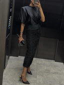 Elegant Satin Top & Sequin Feather Midi Skirt Two-Piece Set