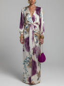 Elegant Watercolor Print Satin Long Sleeve Wrap Top