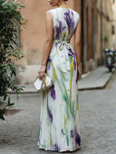 Elegant Watercolor Iris Print Print  Maxi Dress