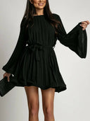 Elegant Round Neck Bell Sleeve Tie-Waist Ruched Mini Dress