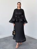 Elegant Pleated Bell Sleeve Top & Maxi Skirt Two-Piece Set