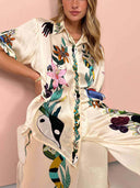 Modern Sophisticated Feel Satin Unique Print Oversized Blouse Elastic Waist Pocketed Wide Leg Pants Set