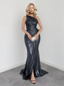 Elegant One-Shoulder Ruched Metallic Maxi Dress