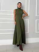 Elegant Sleeveless High-Neck Belted Maxi Dress