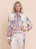 Exquisite Bow Detail Paisley Print Satin Two-Piece Set