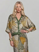 Retro Scale Print Satin Printed Batwing Sleeve Top
