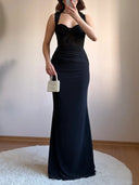 Elegant Lace Bodice Ruched Mermaid Maxi Dress