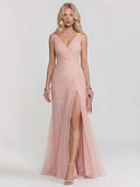 Elegant V-Neck Ruched Tulle High Slit Maxi Dress