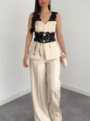 Elegant Lace Panel Sleeveless Vest & Wide-Leg Pants Set