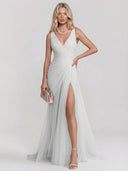 Elegant V-Neck Ruched Tulle High Slit Maxi Dress