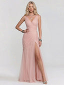 Elegant V-Neck Ruched Tulle High Slit Maxi Dress