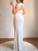 Elegant Lace Bodice Ruched Mermaid Maxi Dress