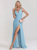 Elegant V-Neck Ruched Tulle High Slit Maxi Dress