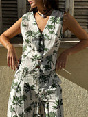 Exquisite Green Palm Tree Print Suit Vest