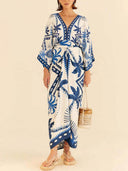 Unique Chic Palm Tree Ethnic Print Fake Two Piece Lace Up Maxi Dress