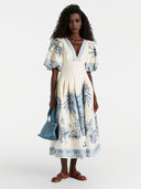 Elegant V-Neck Puff Sleeve Toile Print Midi Dress