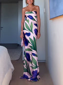 Elegant Strapless Satin Iris Floral Print Maxi Dress