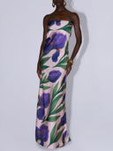 Elegant Strapless Satin Iris Floral Print Maxi Dress