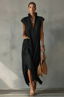 Lace Stand Collar Slit Dress