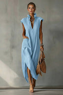 Lace Stand Collar Slit Dress