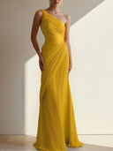Elegant One-Shoulder Pleated Maxi Dress