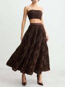 Elegant 3D Rose Applique Strapless Crop Top Two-Piece Set