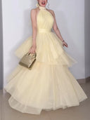 Elegant Backless Tie-Up Layered Tulle Maxi Dress