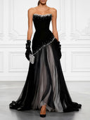 Elegant Strapless Beaded Sheer Panel Maxi Dress