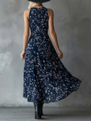 Retro Classic Floral Print Chiffon Flowy Maxi Dress