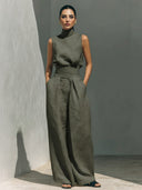 Elegant Linen High-Neck Top & Wide-Leg Pants Two-Piece Set