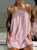 Fashion Striped Print Halter Backless Mini Dress