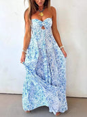 Bohemian Strapless Floral Twist Cutout Flowy Maxi Dress