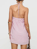 Fashion Striped Print Halter Backless Mini Dress
