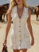 Exquisite V-Neck Lace Three Multi-Pocket Denim Sleeveless Mini Dress