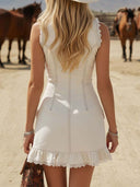 Exquisite V-Neck Lace Three Multi-Pocket Denim Sleeveless Mini Dress