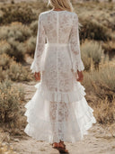 Elegant Long Sleeve Ruffle Lace Maxi Dress