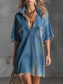 Casual Frayed Denim Short Sleeve Mini Dress