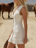Exquisite V-Neck Lace Three Multi-Pocket Denim Sleeveless Mini Dress