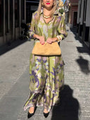 Exquisite Satin Floral Print Button-down Two-piece Set