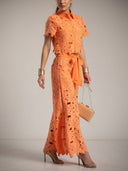 Casual Cutout Lace Shirt & Wide-Leg Pants Two-Piece Set